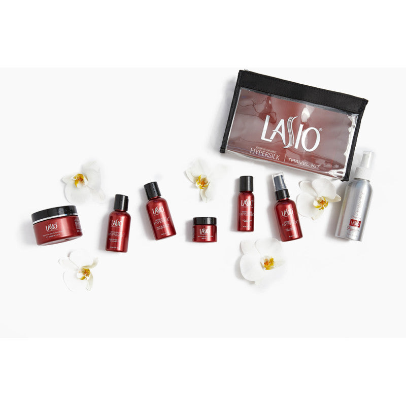 Lasio Hypersilk travel kit with shampoo, conditioner, and treatment bottles displayed on a white background.