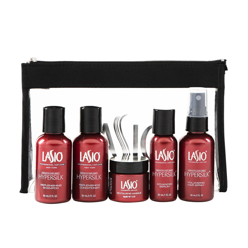 Lasio Hypersilk travel kit with shampoo, conditioner, and treatment bottles in a compact bag, ideal for hair care on the go.