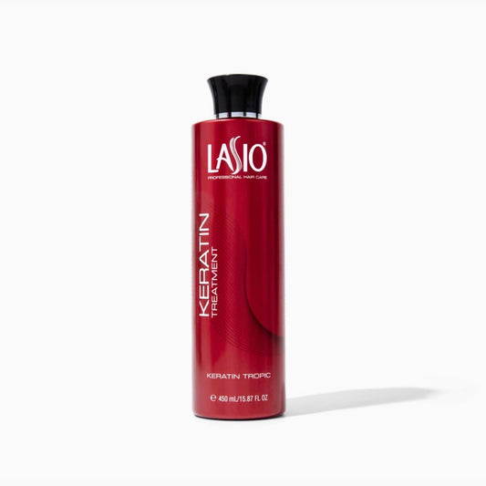 Lasio Keratin Tropic hair treatment bottle, 16oz, with sleek packaging for smoothing and nourishing hair.