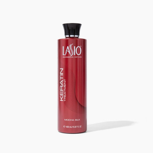 Lasio Mocha Silk Keratin Hair Treatment bottle shown, smooth and sleek design for frizz-free, shiny hair care.