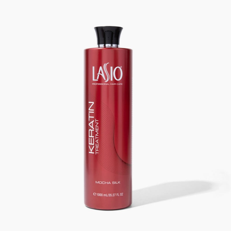 Lasio Mocha Silk keratin hair treatment in a 35oz bottle, smooth and shiny hair care product with a sleek container.