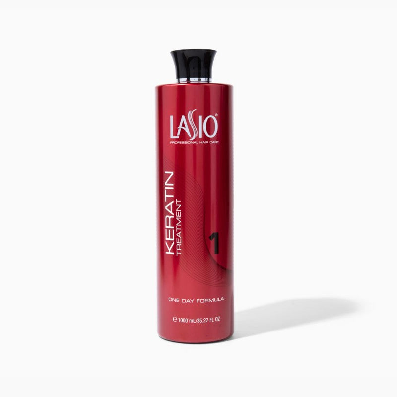 Lasio "One Day" keratin hair treatment bottle, 35oz, with sleek packaging and applicator cap, designed for smoothing and repairing hair.