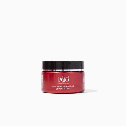 Lasio Hypersilk Revitalizing Mask for hair treatment, shown in a 4oz jar with smooth, shiny hair in the background.