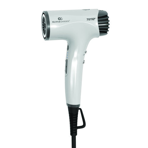 Olivia Garden JetHP high-performance compact hair dryer with black and silver design, lightweight and professional styling tool