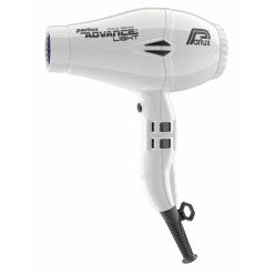 White Parlux Advance Light hair dryer with sleek design and modern features, shown on a plain background.