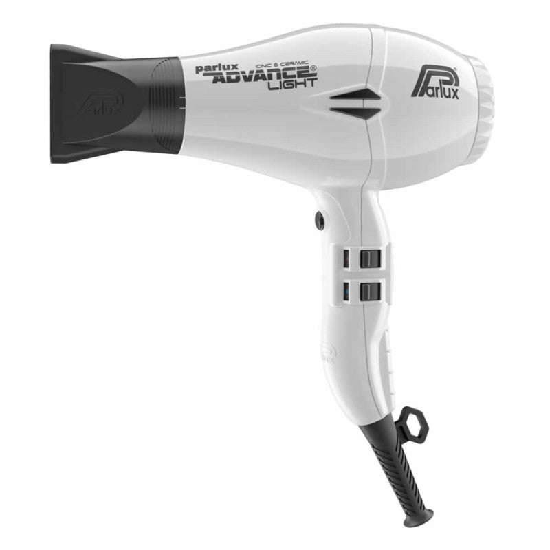 White Parlux Advance Light hair dryer with a concentrator nozzle, showcasing its sleek design and lightweight build.