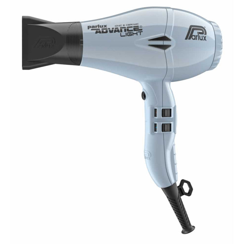Parlux Advance Light hair dryer with icy blue finish and concentrator nozzle, lightweight and professional styling tool.