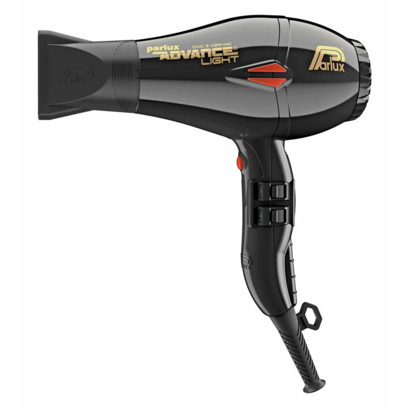 Black Parlux Advance Light hair dryer with a nozzle attachment, showcasing sleek design and professional styling tools.