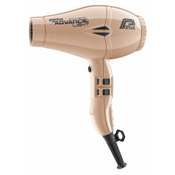 Parlux Advance Light hair dryer with gold finish, lightweight professional salon-quality hair styling tool.