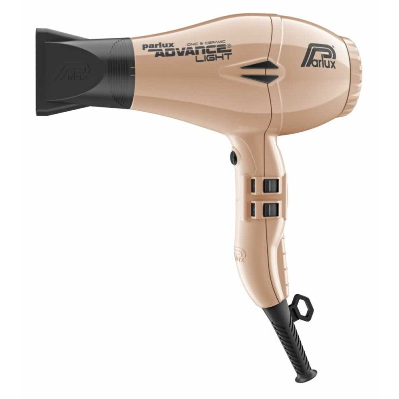 Parlux Advance Light hair dryer with gold finish and attachment nozzle, lightweight professional hair styling tool.