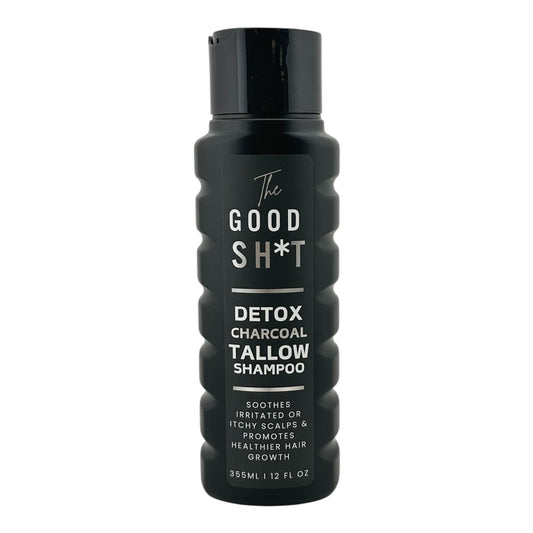 The Good Sh*t Charcoal Tallow Shampoo bottle, natural grooming product for men's hair, with black and white label design.
