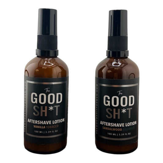 The Good Sh*t aftershave lotion in a 3.4oz bottle, featuring a sleek design and natural grooming scent.