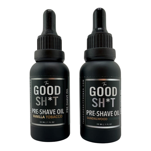 Pre-shave oil bottle from The Good Sh*t Men’s Grooming used with shave gel for a smooth shave.