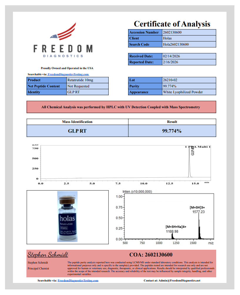 Holas Retatrutide peptide vial with label showing product name and brand, used for research and medical purposes.
