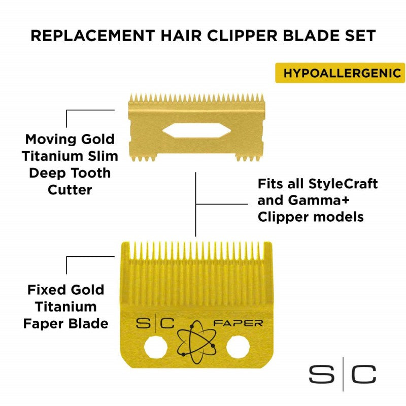 STYLECRAFT GOLD FAPER BLADE W/ SLIM DEEP TOOTH GOLD CUTTER (#SC525G)