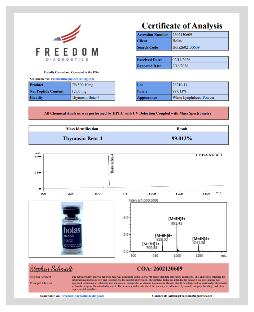 Holas TB-500 peptide vial labeled TB-500 with clear liquid inside, used for muscle recovery and healing in peptide therapy.