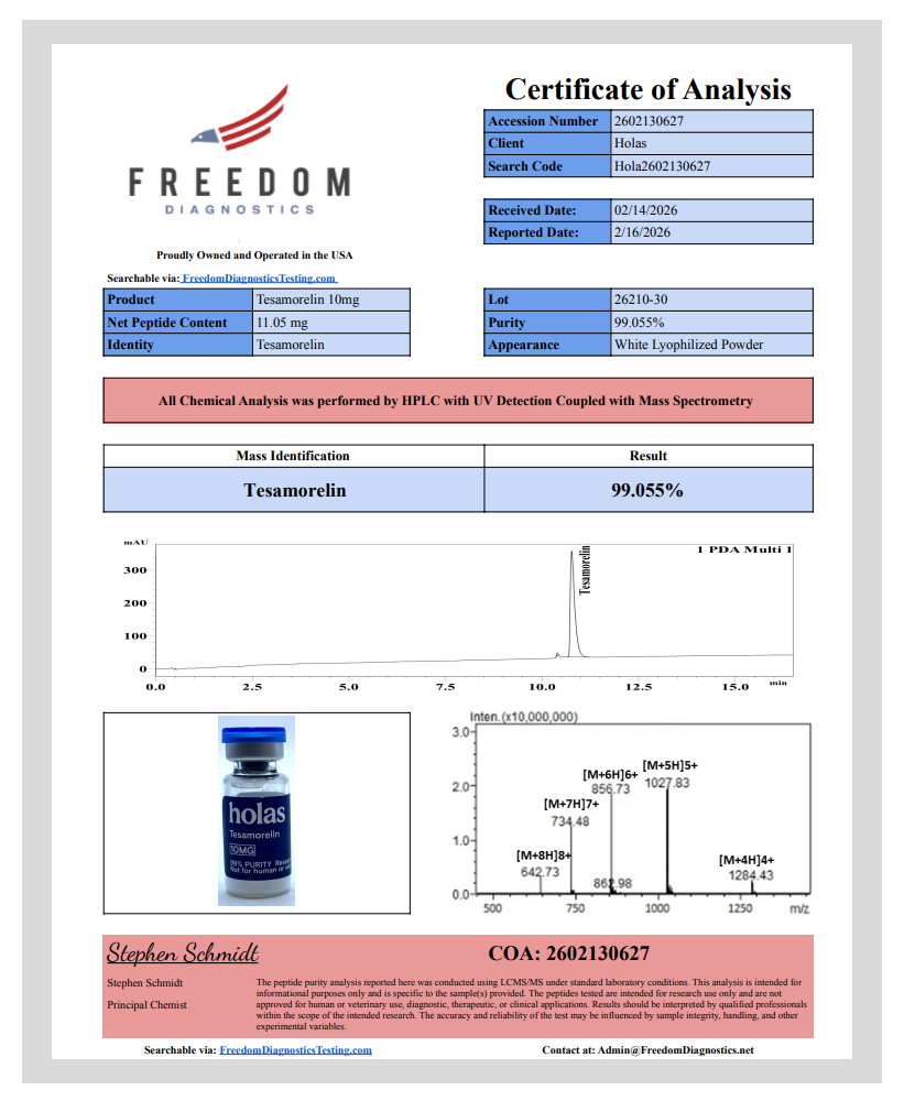 Holas Tesamorelin peptide vial labeled TESAMORELIN showing clear liquid and label with product details.