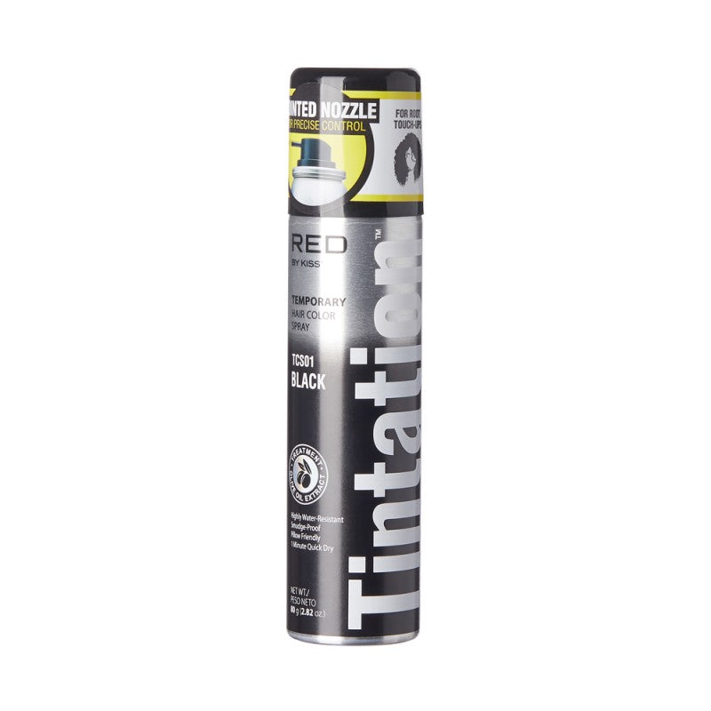 Kiss Tintation Black semi-permanent hair color spray in 2.82 oz bottle, enhancement for temporary hair color change.