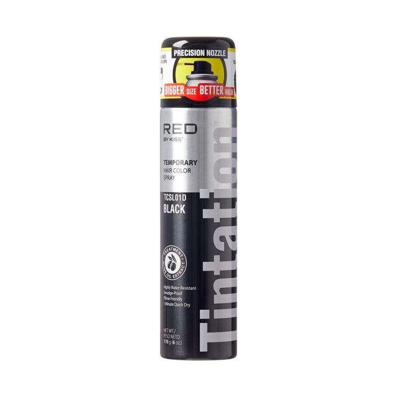 Kiss Tintation black semi-permanent hair color spray in a 6oz can, vibrant hair enhancement and color spray for temporary hair color.