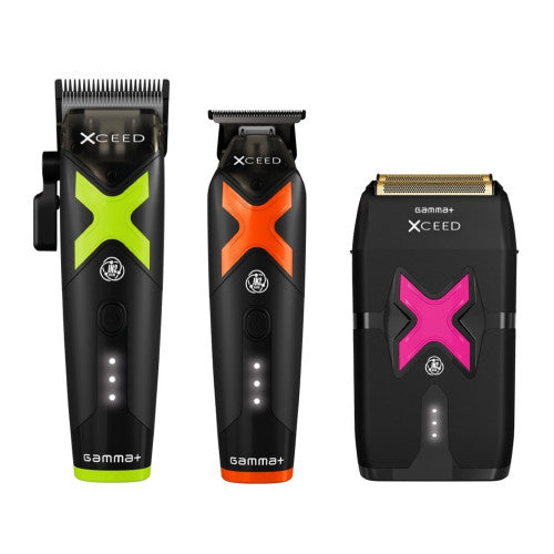 Gamma+ XCEED TRIO clipper, trimmer, and shaver with adjustable blades, designed for precise grooming and professional use.