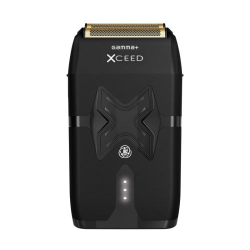 Gamma+ XCEED TRIO clipper, trimmer, and shaver with sleek design, shown in a close-up of the grooming device.