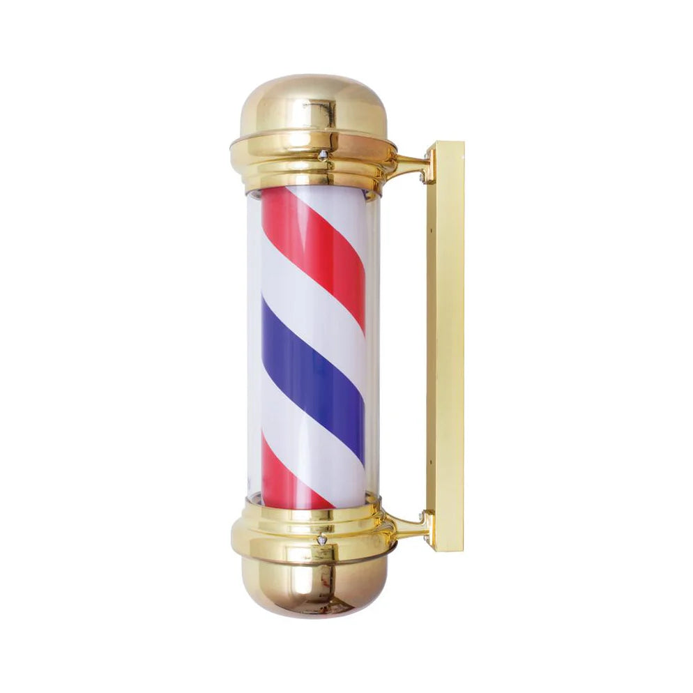 Yanaki Barber Pole in gold with classic striped design and mounting bracket, used for barbershop signage and decoration.