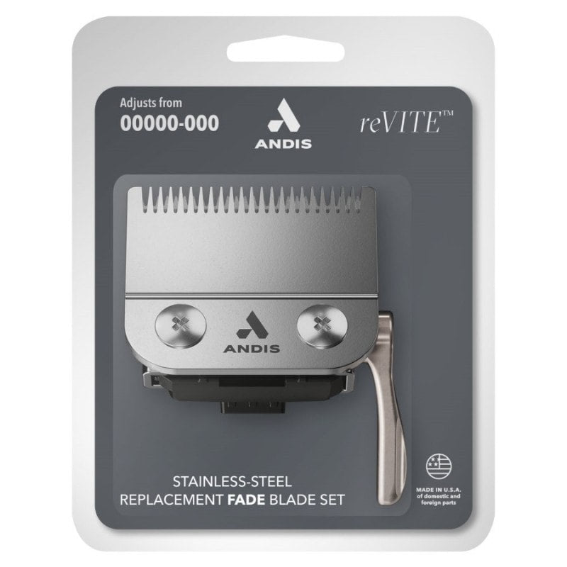 Andis Revit Fade Blade in black, professional clipper blade for precise fading and blending haircuts.