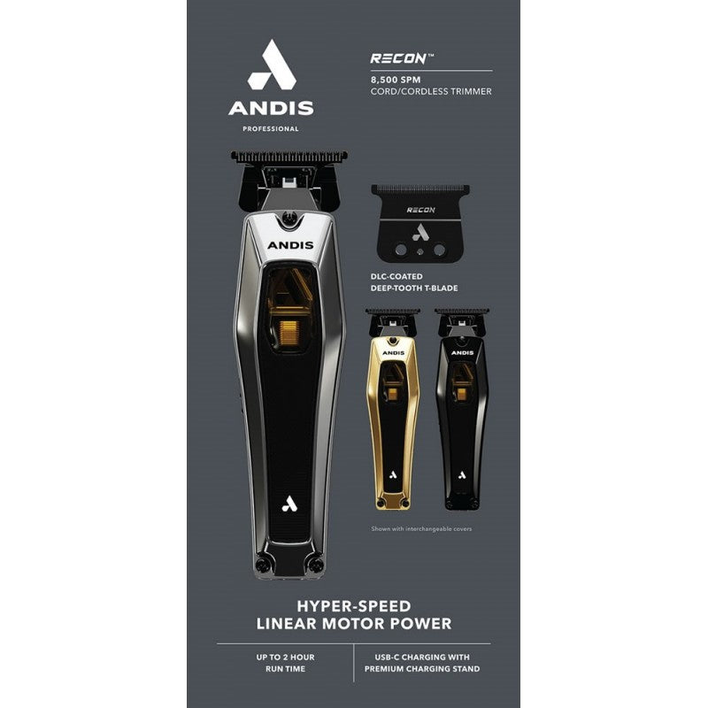 Andis Recon Trimmer, professional grooming tool with a sleek design, suitable for detailed trimming and grooming.