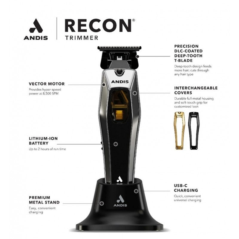 Andis Recon Trimmer (#562697) with black and silver design, featuring a compact ergonomic body and adjustable blades for precise grooming.