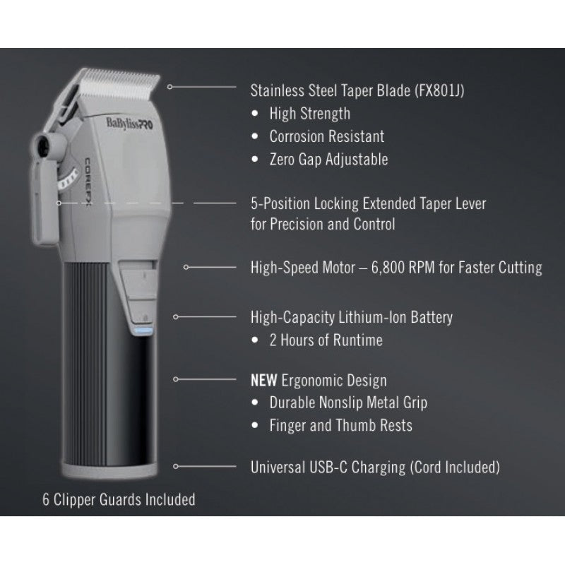 Babyliss Pro CoreFX Clipper FX86 with adjustable blades, black and silver design, professional grooming tool for hair cutting.