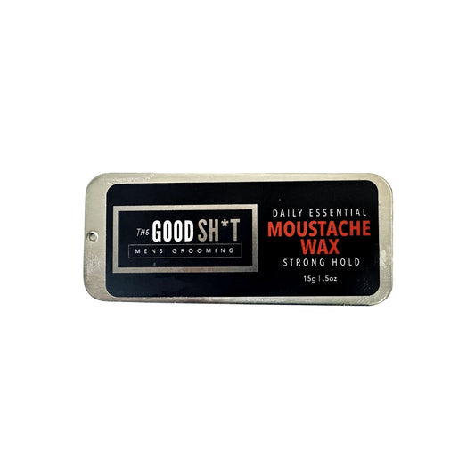 A jar of The Good Sh*t Moustache Wax with cherry-scented beard grooming product in a 0.5oz container.