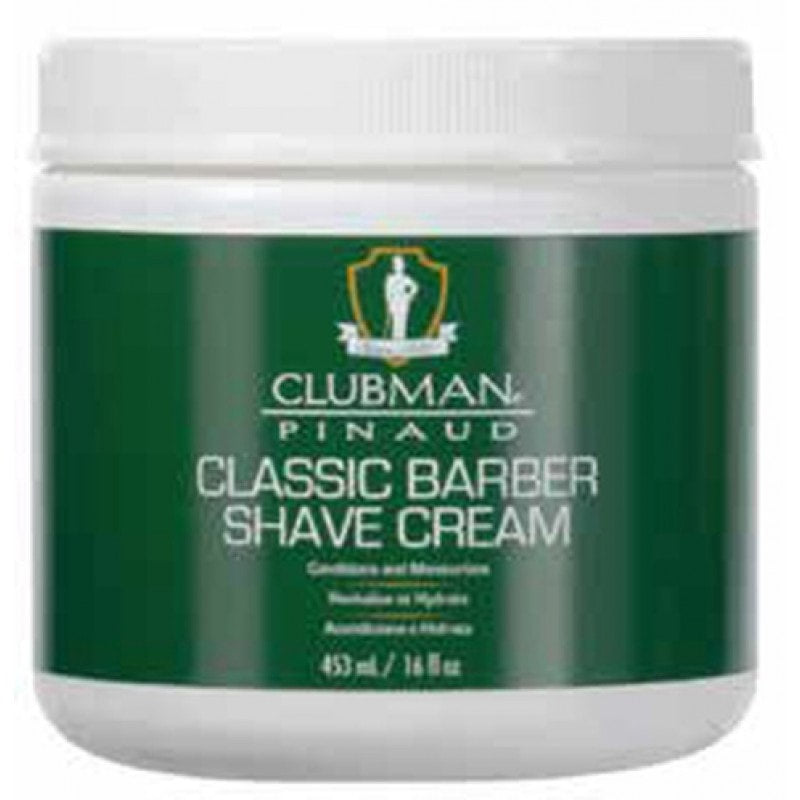 Clubman Pinaud Classic Barber Shave Cream in a 16oz jar, with a smooth, creamy texture ideal for traditional shaving.