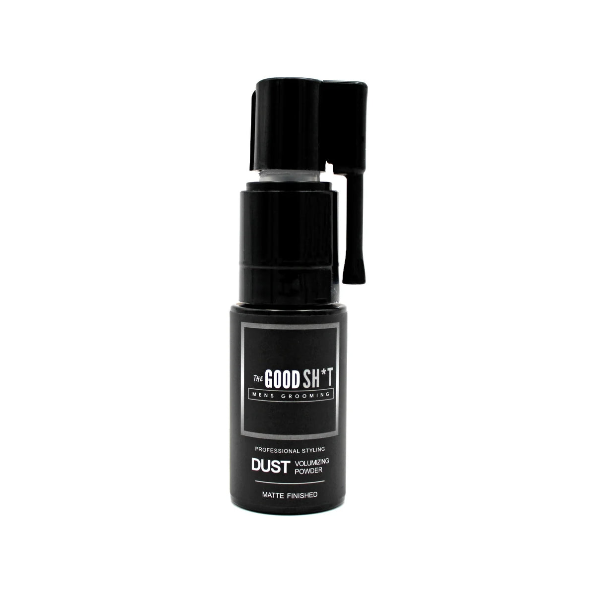 The Good Sh*t Dust Volumizing Powder for men's grooming, showing a container of styling powder with a sleek black design.