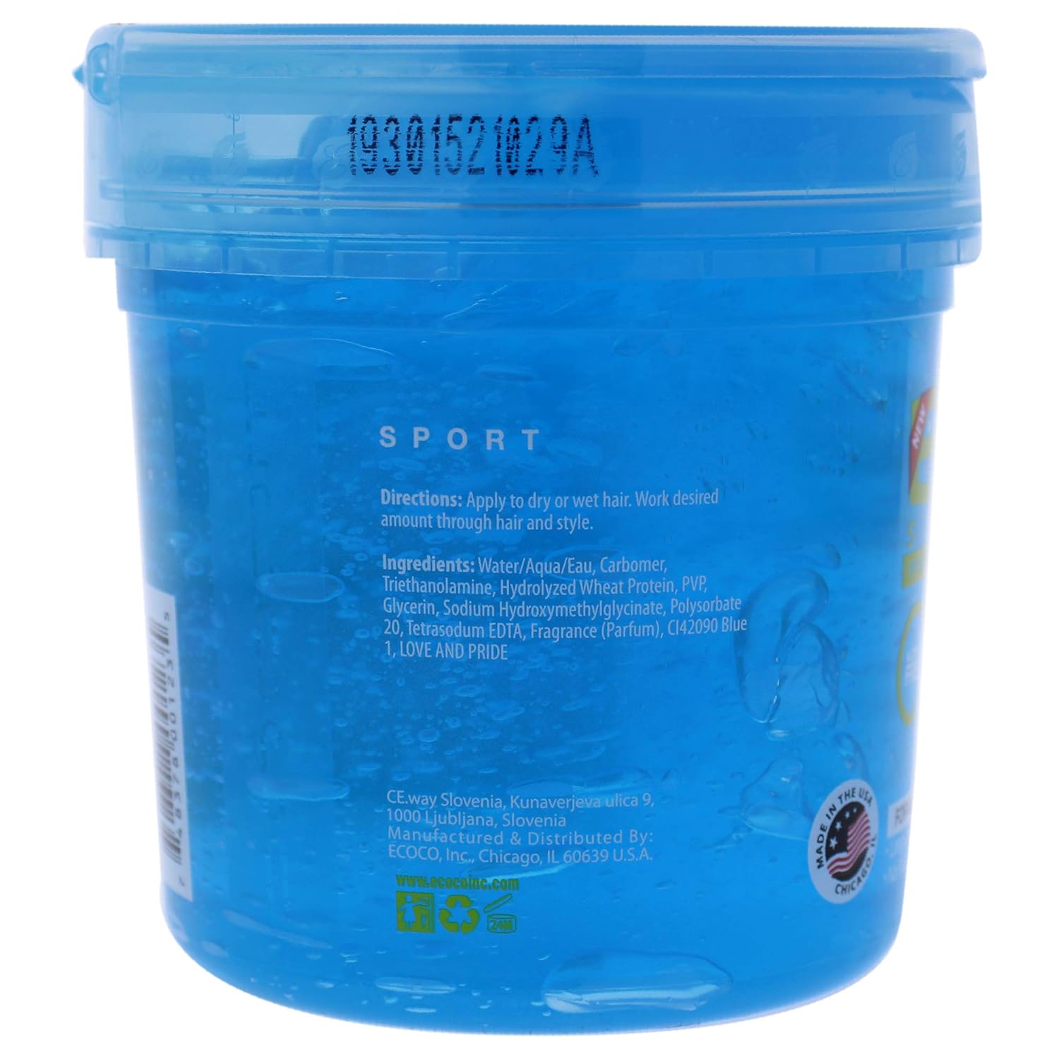 Eco Styler Sport Styling Gel 16oz, a clear gel in a jar, designed for strong hold and styling control.