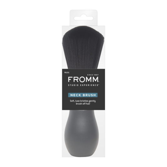 Fromm black neck duster with a long handle and soft bristles for gentle cleaning or dusting around the neck area.