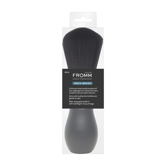 Fromm black neck duster with long handle and soft bristles, designed for cleaning dust from hard-to-reach neck areas.