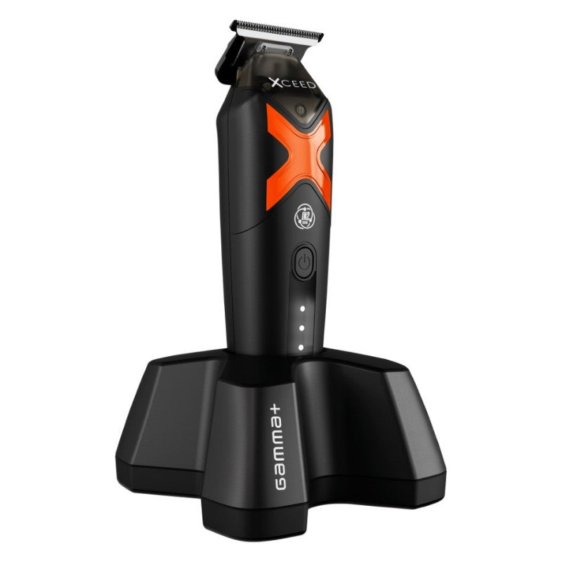 Gamma+ XCEED Trimmer with black handle and stainless steel blades, designed for precise grooming and trimming.