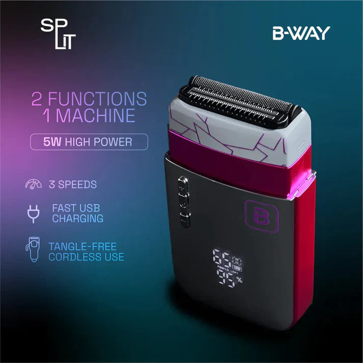 B-Way Split Shaver with dual blades and ergonomic handle, designed for close, comfortable shaving.