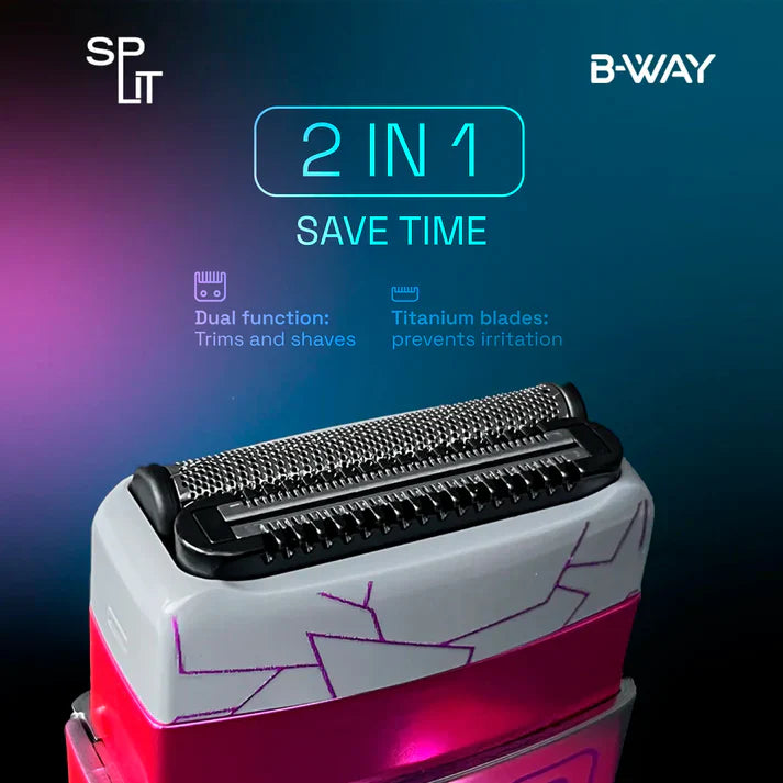 B-Way Split Shaver showing dual blades and ergonomic handle for close shaving and easy grip.