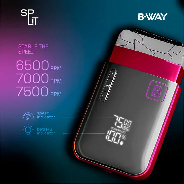B-Way Split Shaver with dual blades and ergonomic handle, designed for close and comfortable shaving.