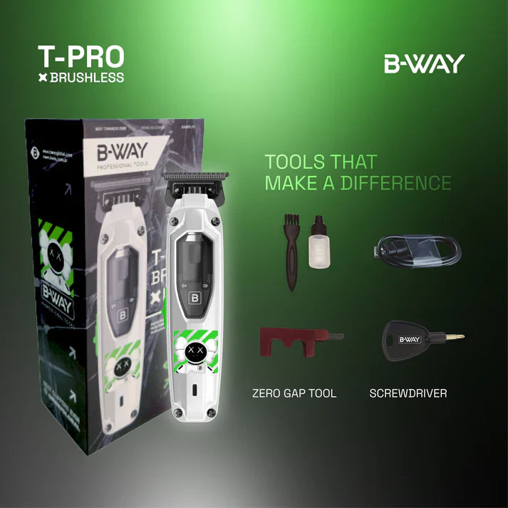 B-Way T-Pro Trimmer with ergonomic design and stainless steel blades for precise trimming on a workbench.
