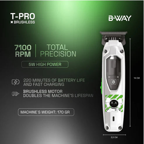 B-Way T-Pro Trimmer showing a close-up of the professional trimmer blade and ergonomic handle for precise grooming.