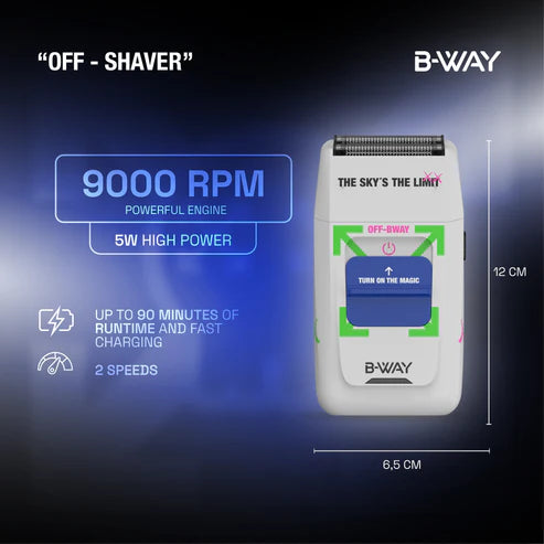 B-Way off shaver in white, showing the sleek design and blade head, ideal for grooming and personal care.