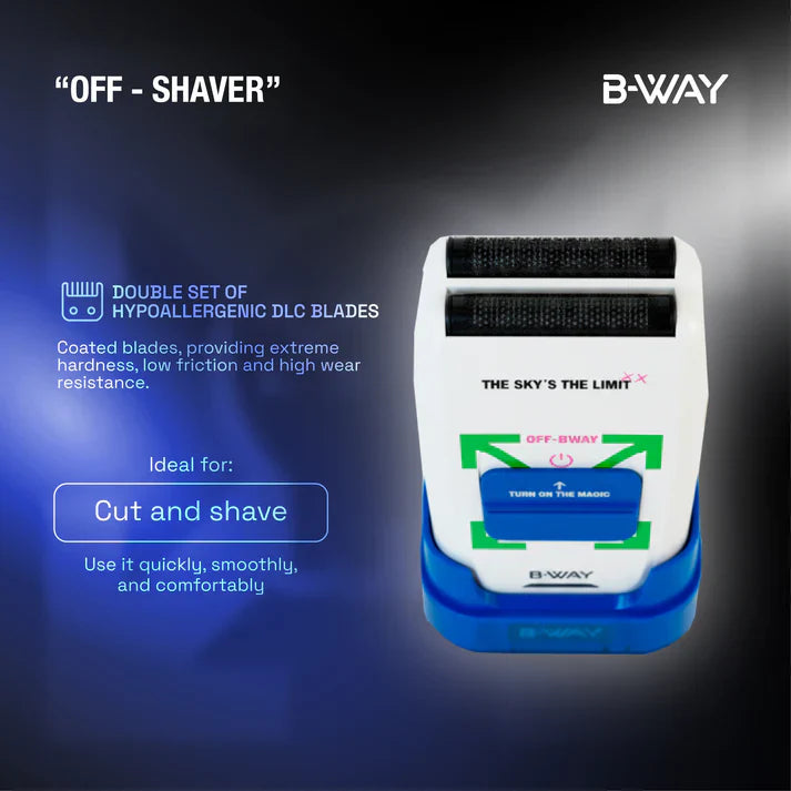 B-Way Off Shaver in white with ergonomic handle, designed for precise shaving and grooming.