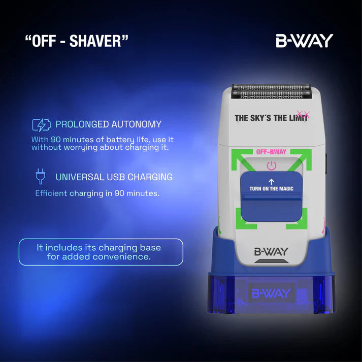 B-Way off shaver in white with ergonomic handle and shaving head, designed for smooth and precise grooming.