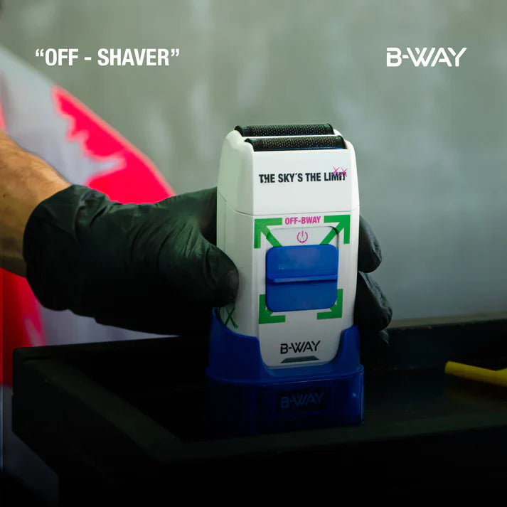 B-Way Off Shaver in white, displaying the electric shaver with a sleek design and ergonomic handle for precise grooming.