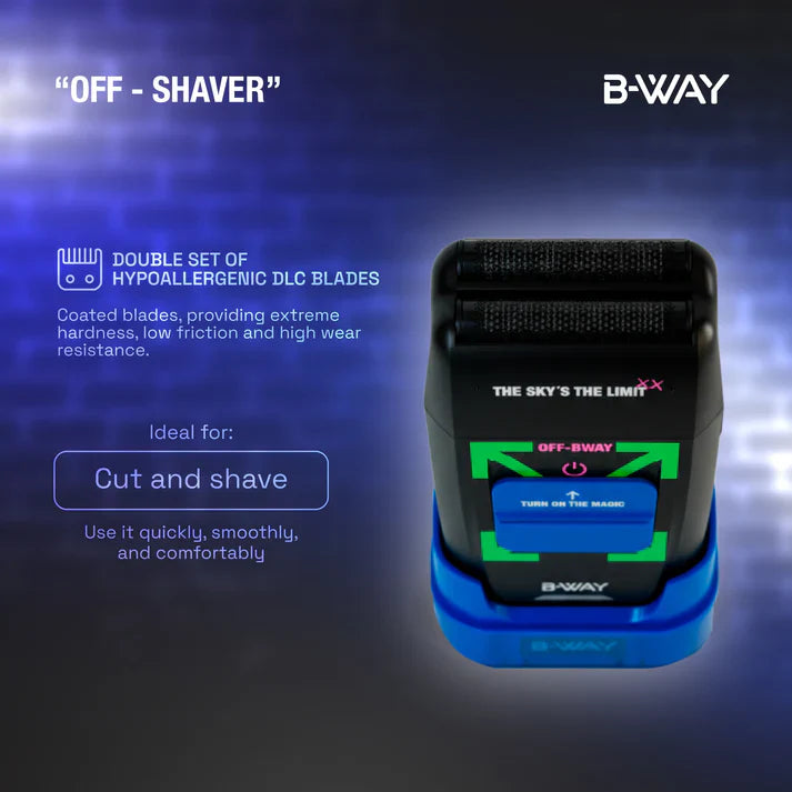 Black B-Way Off Shaver with ergonomic handle and precision blades for clean, close shaves.