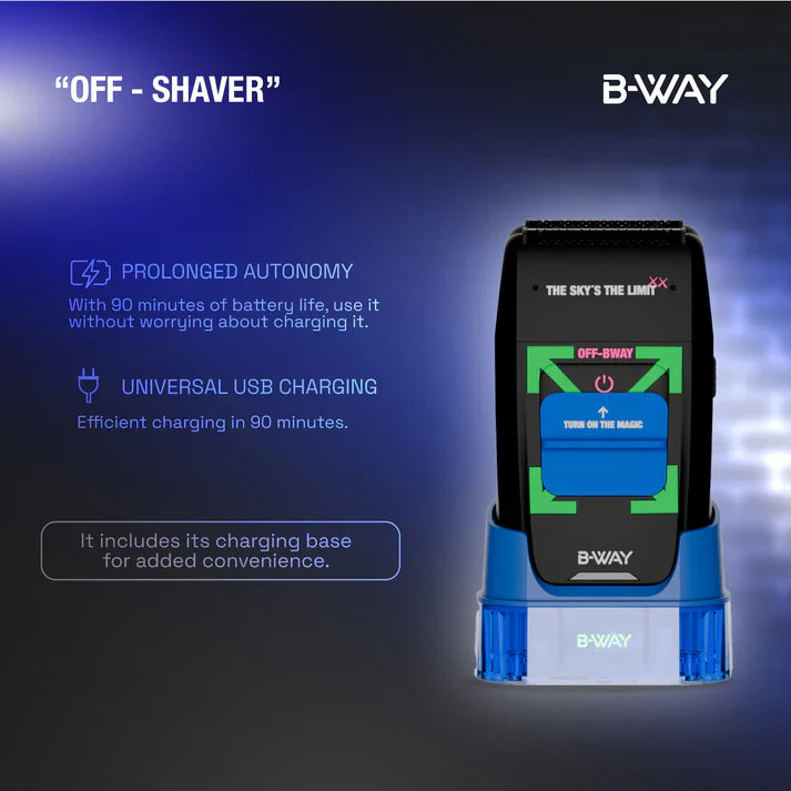 Black B-Way Off Shaver with ergonomic handle for precise grooming and close shave, shown on a work table.