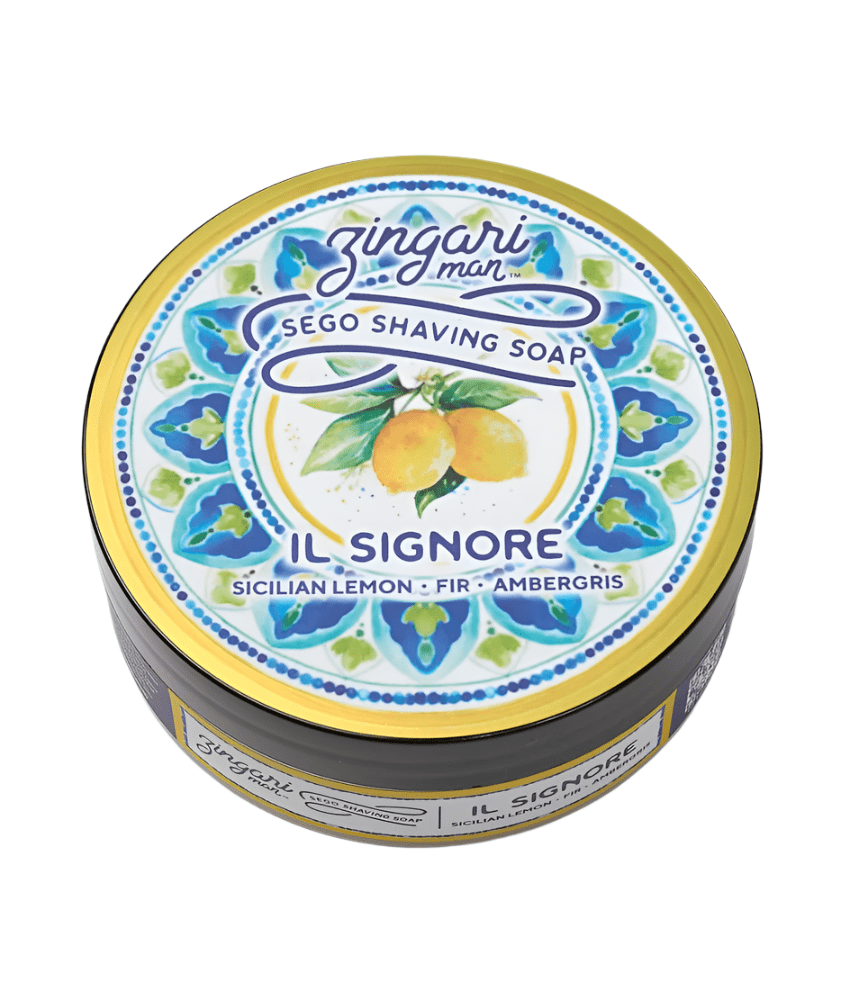 Zingari Man Il Signore shave soap in a jar, creamy shave gel with elegant packaging for a smooth shaving experience.