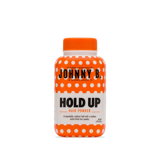 Johnny B Hold Up Hair Powder in 0.5 oz container, styling product for volume and texture, shown in the image.